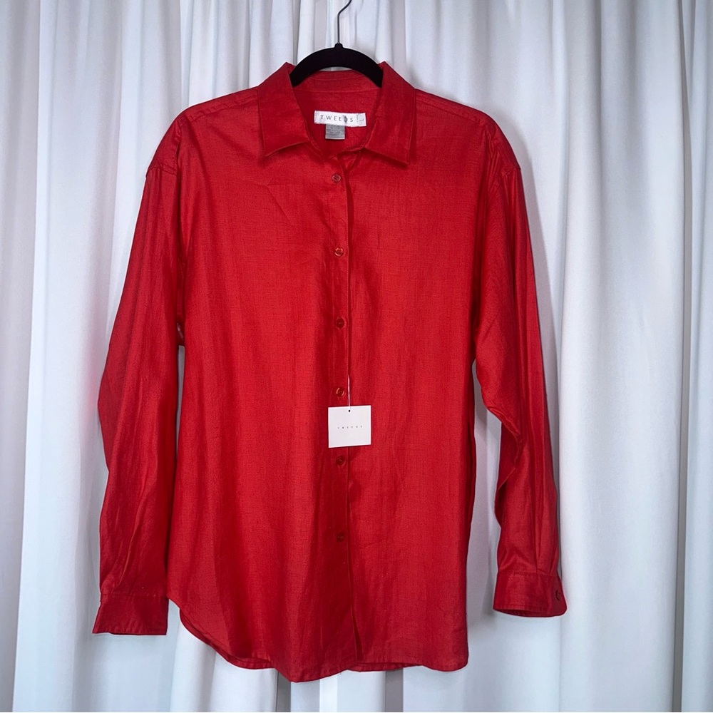 Tweeds Large NWT 100% Linen Rust Red Button-Up Blouse‎ Top Shirt Tunic Lagenlook